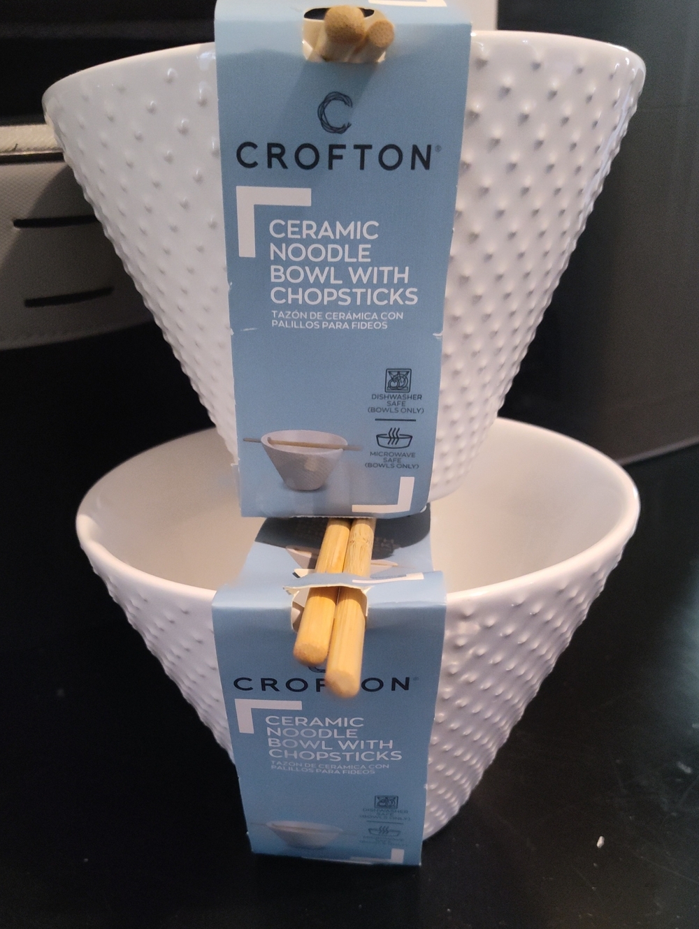 Crofton White Textured Ceramic Noodle Bowls with Bamboo Chopsticks (Set of 2)